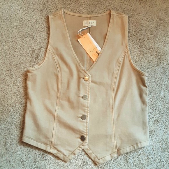NWT - RISEN Stretch Denim Khaki Tan Crop Vest Button Front Size M - Picture 13 of 13